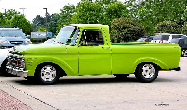 Bright green pickup truck